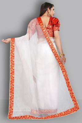 White embroidered organza saree with blouse 4