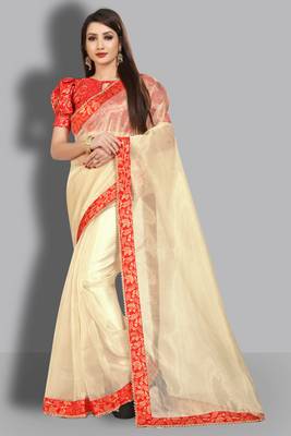 Cream embroidered organza saree with blouse 1