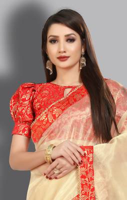 Cream embroidered organza saree with blouse 2