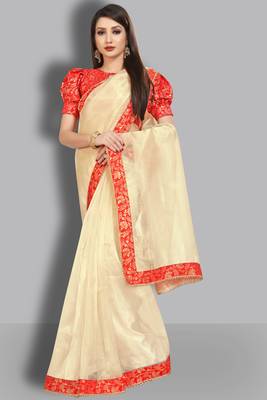 Cream embroidered organza saree with blouse 3