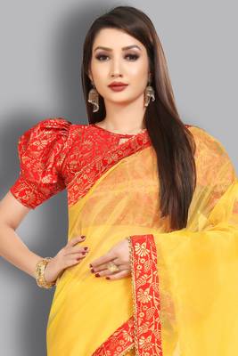 Yellow embroidered organza saree with blouse 2