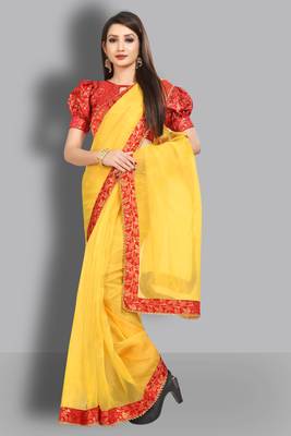 Yellow embroidered organza saree with blouse 3