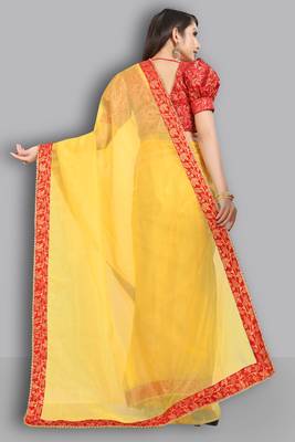Yellow embroidered organza saree with blouse 4