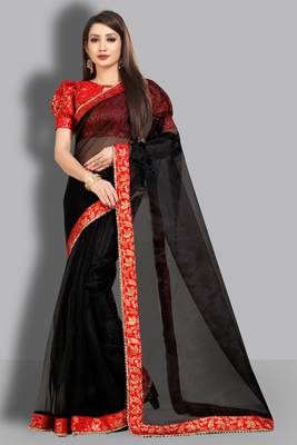 Black embroidered organza saree with blouse 1