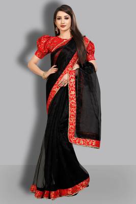 Black embroidered organza saree with blouse 3