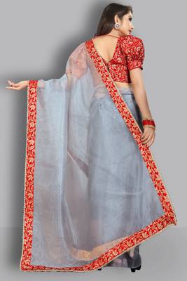 Grey embroidered organza saree with blouse 5