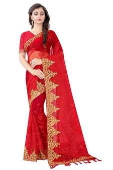 Red embroidered net saree with blouse