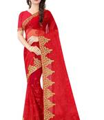 Red embroidered net saree with blouse