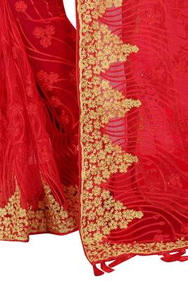 Red embroidered net saree with blouse 2