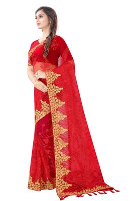 Red embroidered net saree with blouse 3