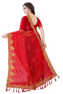 Red embroidered net saree with blouse 4