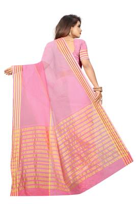 Onion pink plain cotton saree with blouse 4