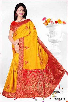 Yellow Embroidered Silk Blend Saree With Blouse 1