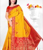 Yellow Embroidered Silk Blend Saree With Blouse