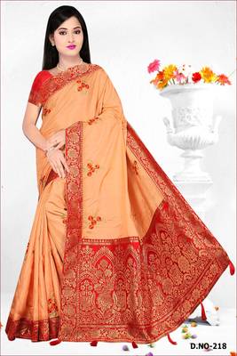 Cream embroidered silk blend saree with blouse 1