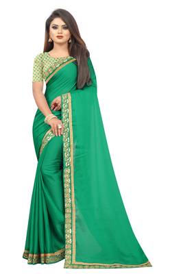 Sea green embroidered silk saree with blouse 1