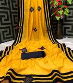 Yellow embroidered cotton saree with blouse