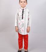 White printed cotton boys-kurta-pyjama