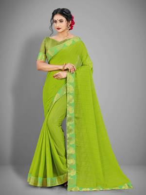 Green plain chiffon saree with blouse 1