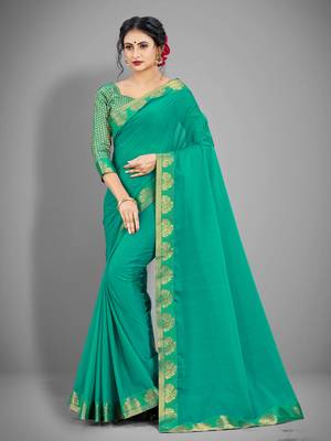 Sea green plain chiffon saree with blouse 1