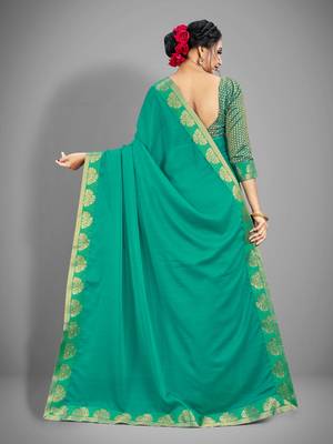 Sea green plain chiffon saree with blouse 2