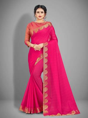 Hot pink plain chiffon saree with blouse 1