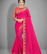 Hot pink plain chiffon saree with blouse