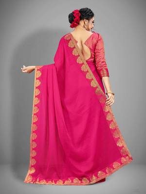 Hot pink plain chiffon saree with blouse 2