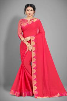Pink plain chiffon saree with blouse