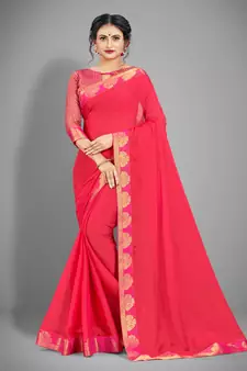 Pink plain chiffon saree with blouse