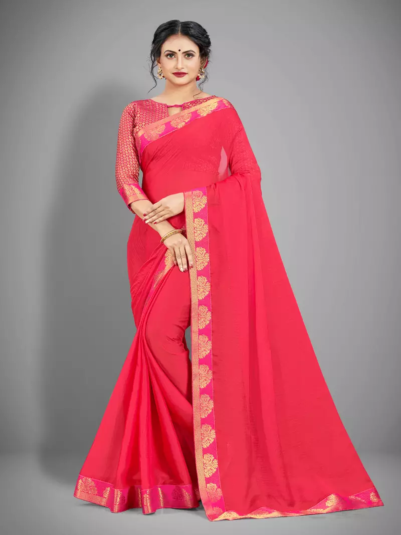 Pink plain chiffon saree with blouse