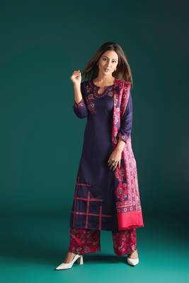 Navy Blue Viscose Acrylic Women Woven Dress Material 1