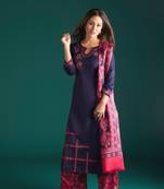 Navy Blue Viscose Acrylic Women Woven Dress Material