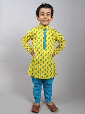 Yellow printed cotton boys-kurta-pyjama 1
