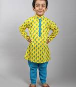 Yellow printed cotton boys-kurta-pyjama