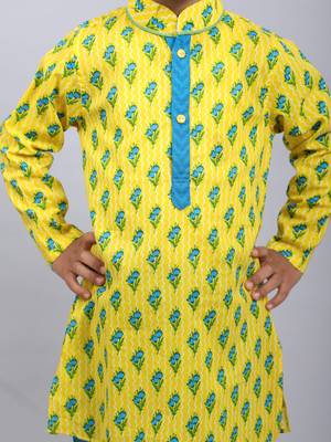 Yellow printed cotton boys-kurta-pyjama 2