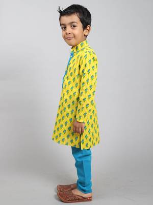 Yellow printed cotton boys-kurta-pyjama 3