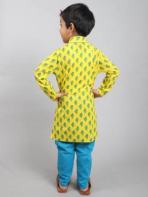 Yellow printed cotton boys-kurta-pyjama 4