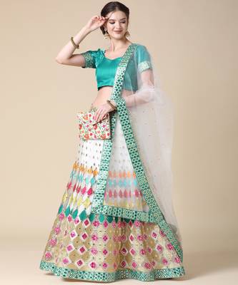 White Designer Multi Embroideried Net Lehenga Choli With Blouse & Dupatta 1