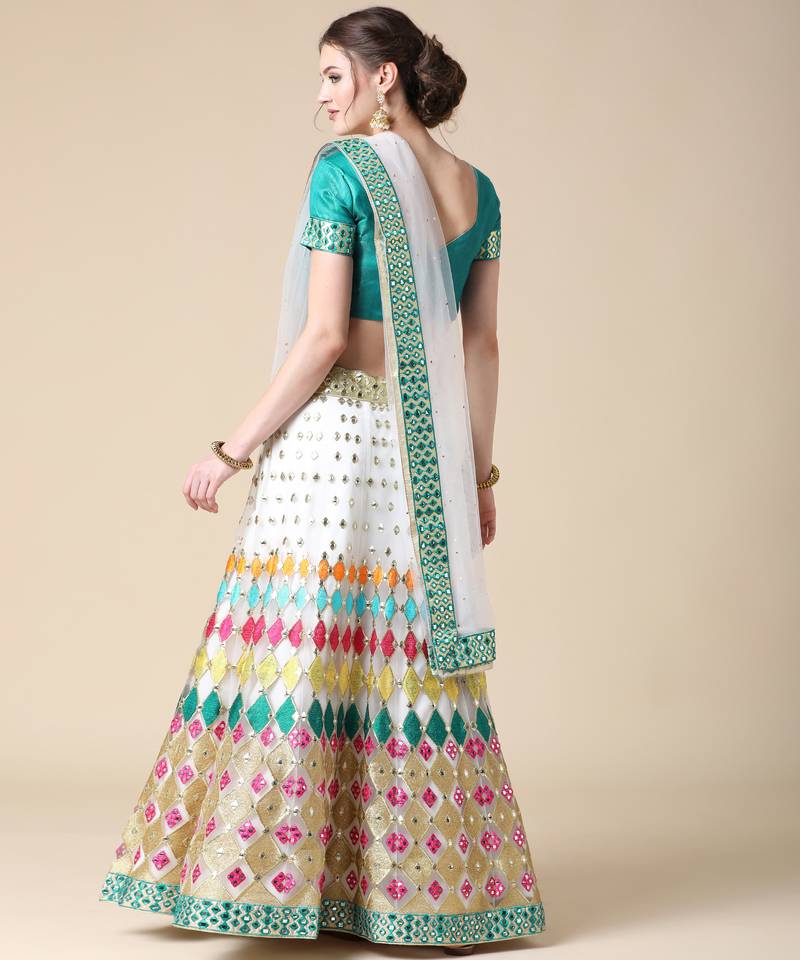 White Designer Multi Embroideried Net Lehenga Choli With Blouse & Dupatta