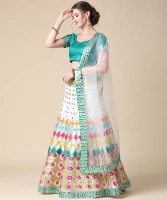 White Designer Multi Embroideried Net Lehenga Choli With Blouse & Dupatta 3