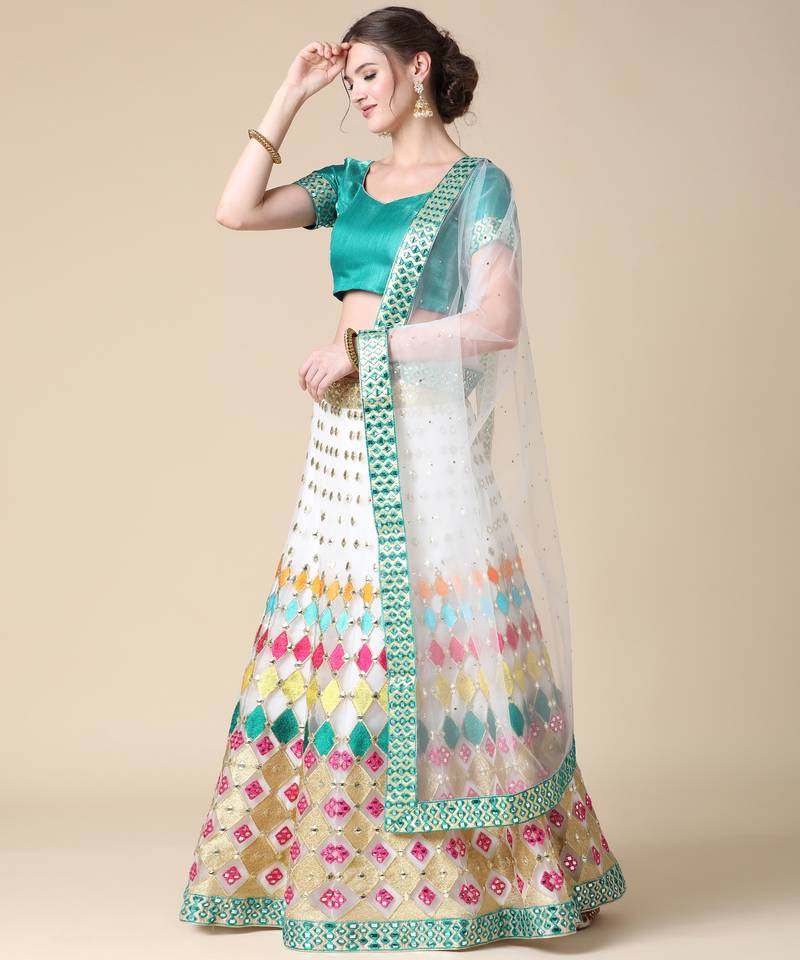 White Designer Multi Embroideried Net Lehenga Choli With Blouse & Dupatta