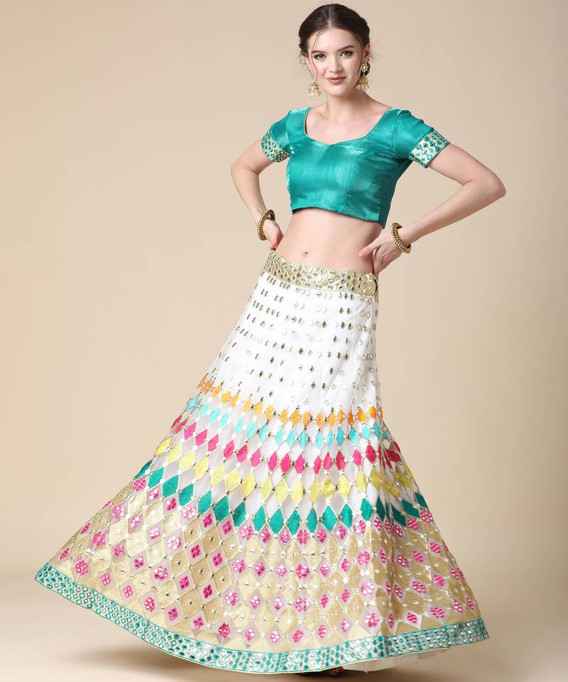 White Designer Multi Embroideried Net Lehenga Choli With Blouse & Dupatta