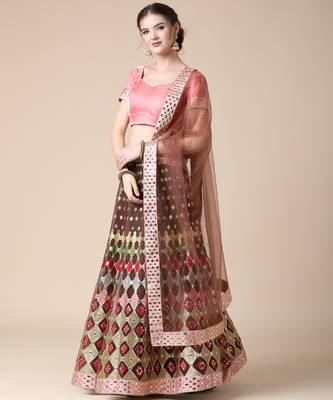 Brown Designer Multi Embroideried Net Lehenga Choli With Blouse & Dupatta 1