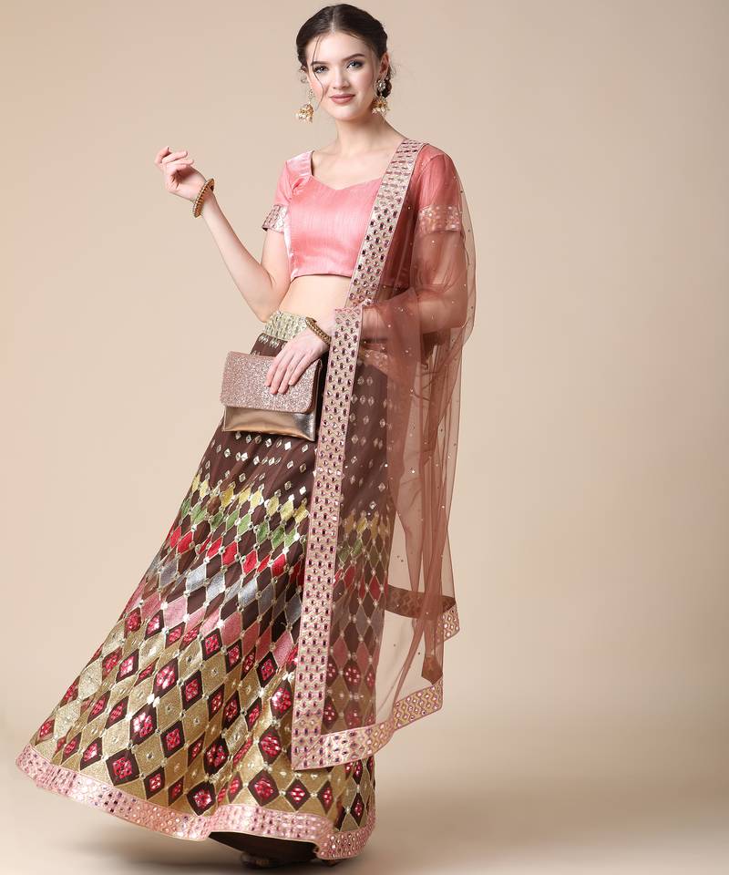 Brown Designer Multi Embroideried Net Lehenga Choli With Blouse & Dupatta