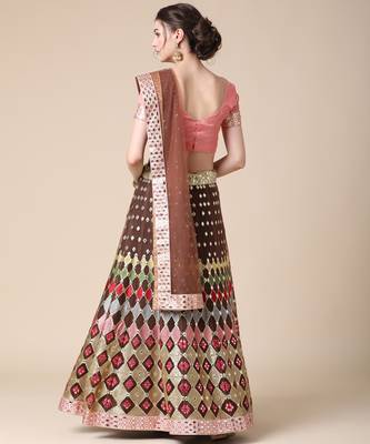 Brown Designer Multi Embroideried Net Lehenga Choli With Blouse & Dupatta 3