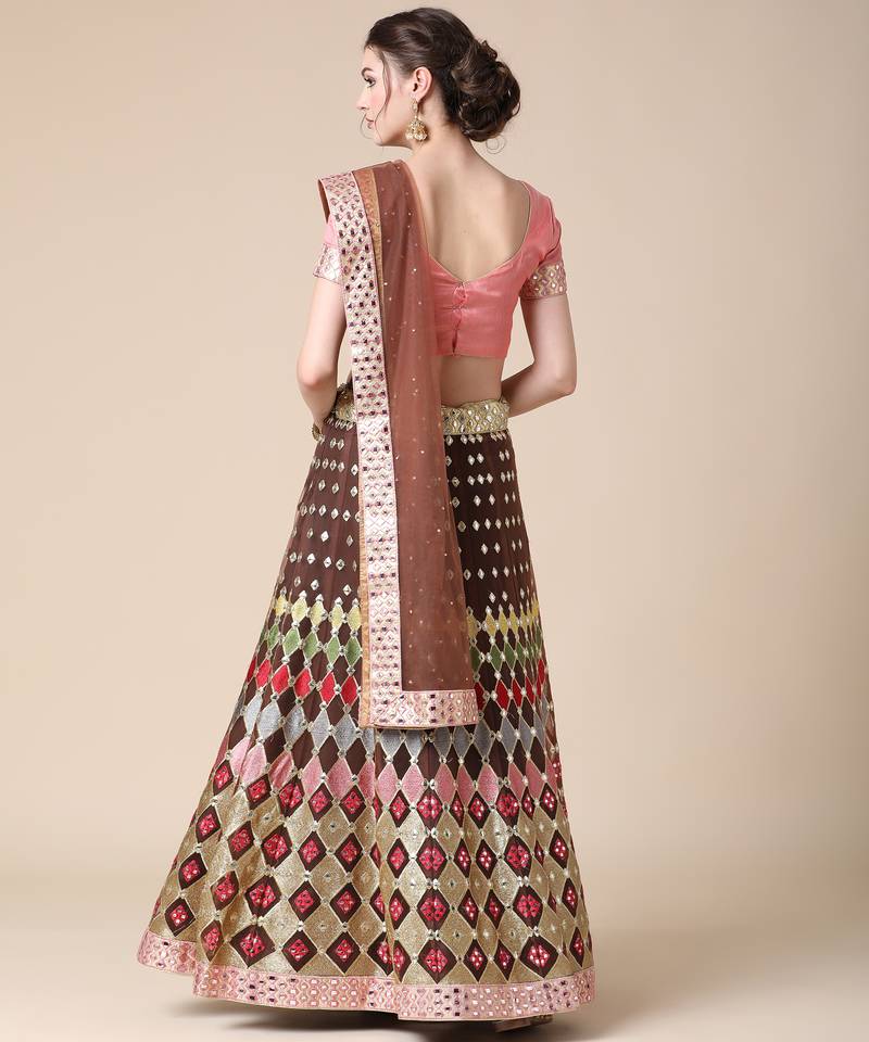 Brown Designer Multi Embroideried Net Lehenga Choli With Blouse & Dupatta