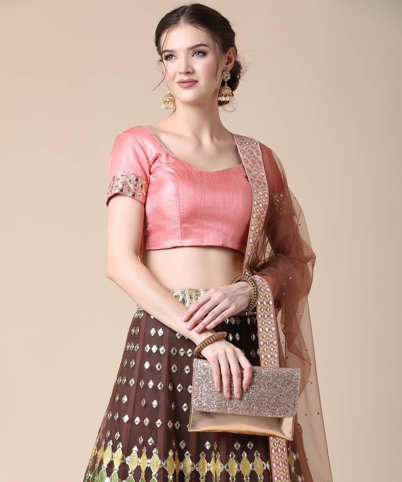 Brown Designer Multi Embroideried Net Lehenga Choli With Blouse & Dupatta
