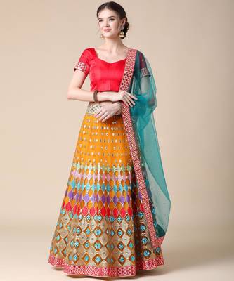 Orange Designer Multi Embroideried Net Lehenga Choli With Blouse & Dupatta 1