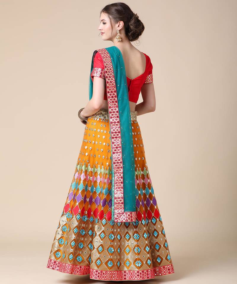 Orange Designer Multi Embroideried Net Lehenga Choli With Blouse & Dupatta